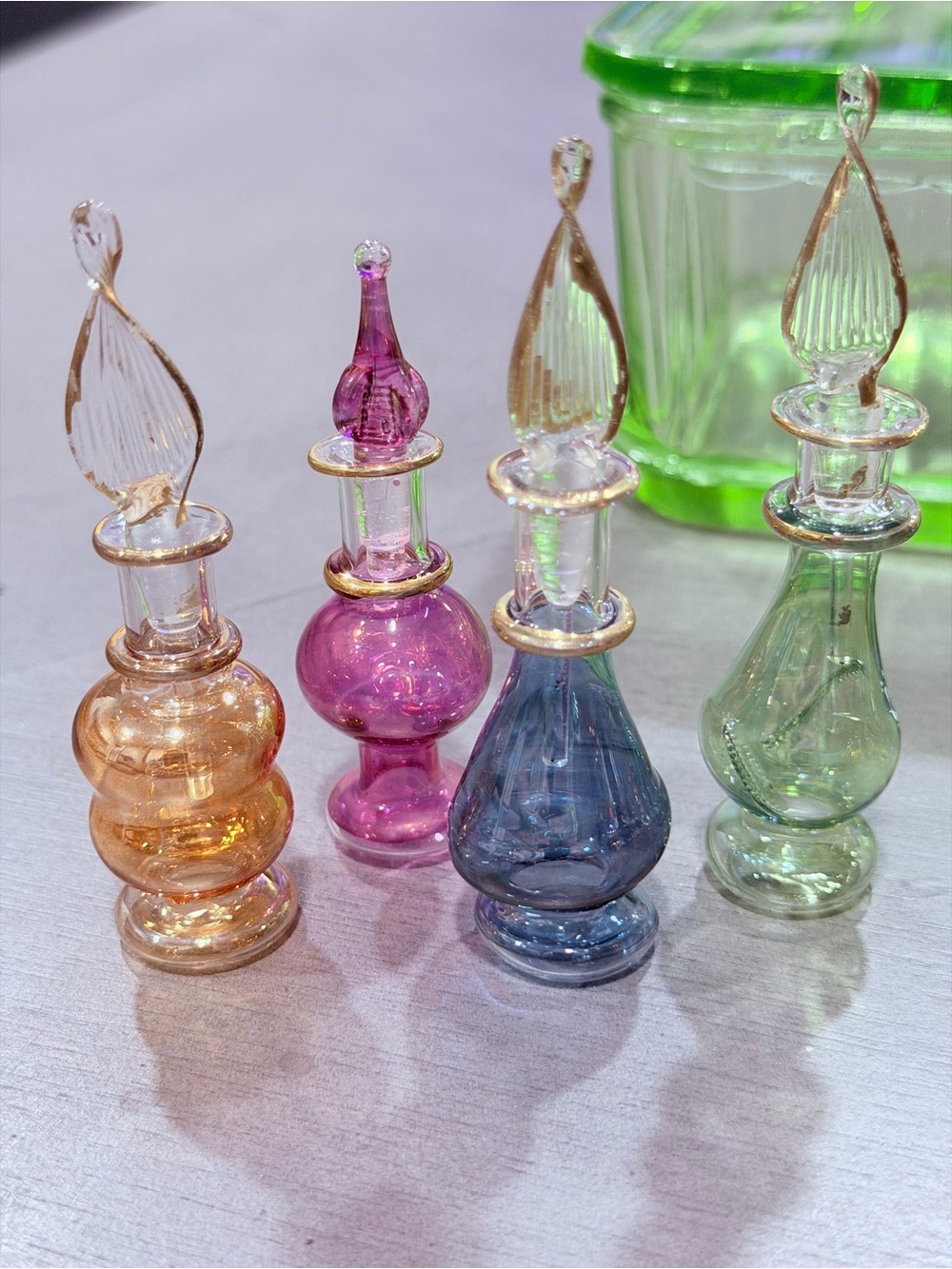 Set of 4 Egyptian Mini Glass Perfume Bottles — Amber, Pink, Blue, Green